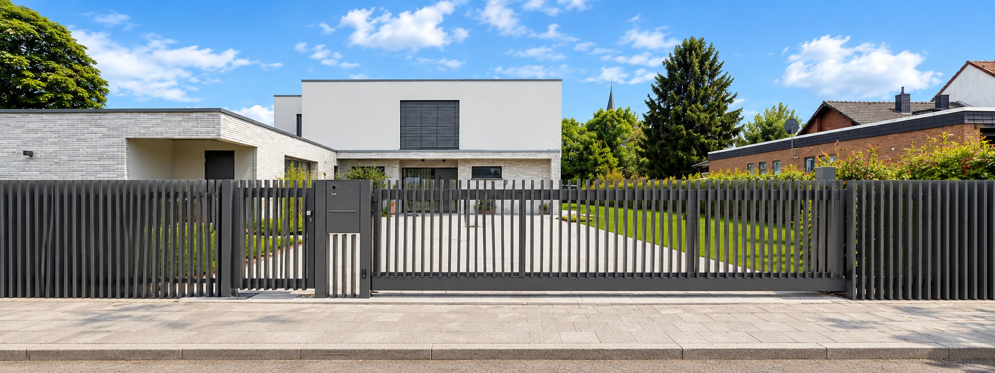 Moderne Zaunanlage mit vertikalen Profilen, Schiebetor, Pforte und Briefkastensäule vor einem Flachdachhaus